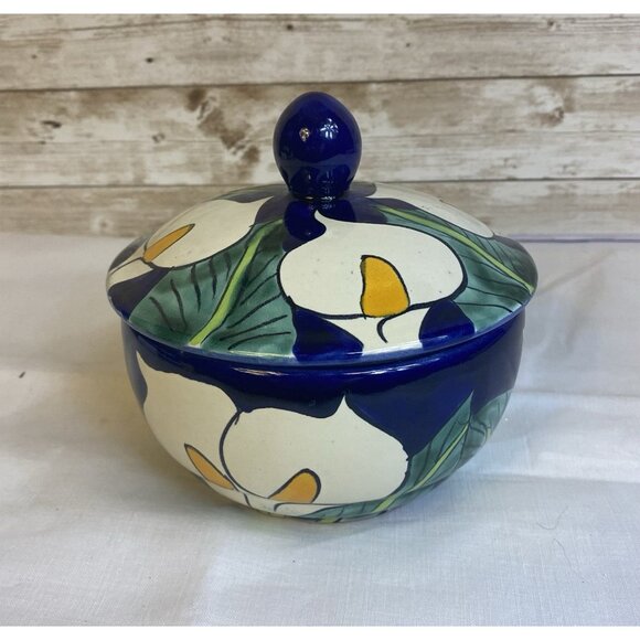Mexican Talavera Pottery Colorful Calla Lilies Soup Bowl w/Handle and Lid Salsa - Picture 2 of 13